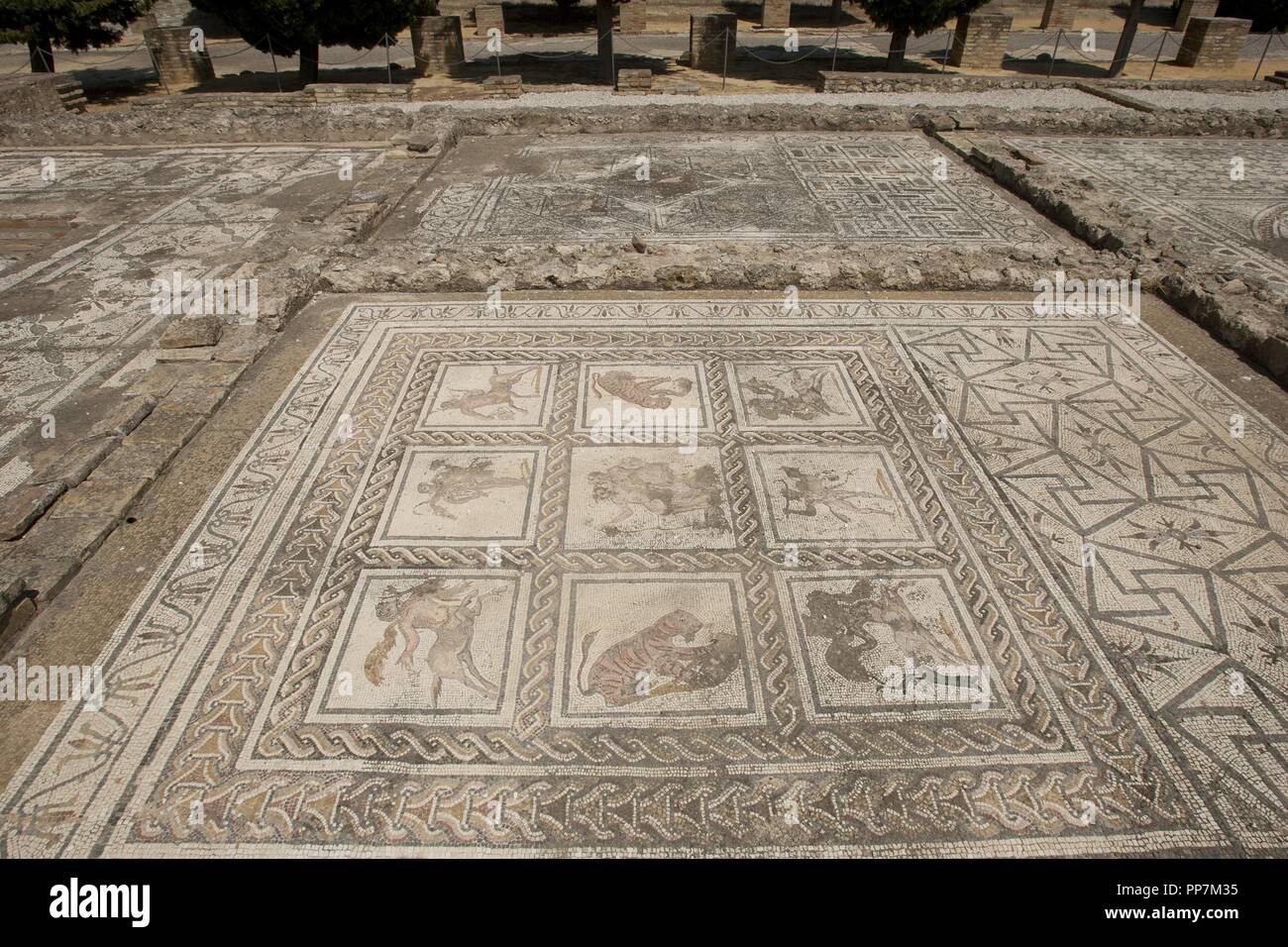 Spanien. Italica. Römische Stadt gegründet ca. 206 v. Chr.. Haus des Planetariums. Mosaik von Bacchus und Ariadne. Andalusien. Stockfoto