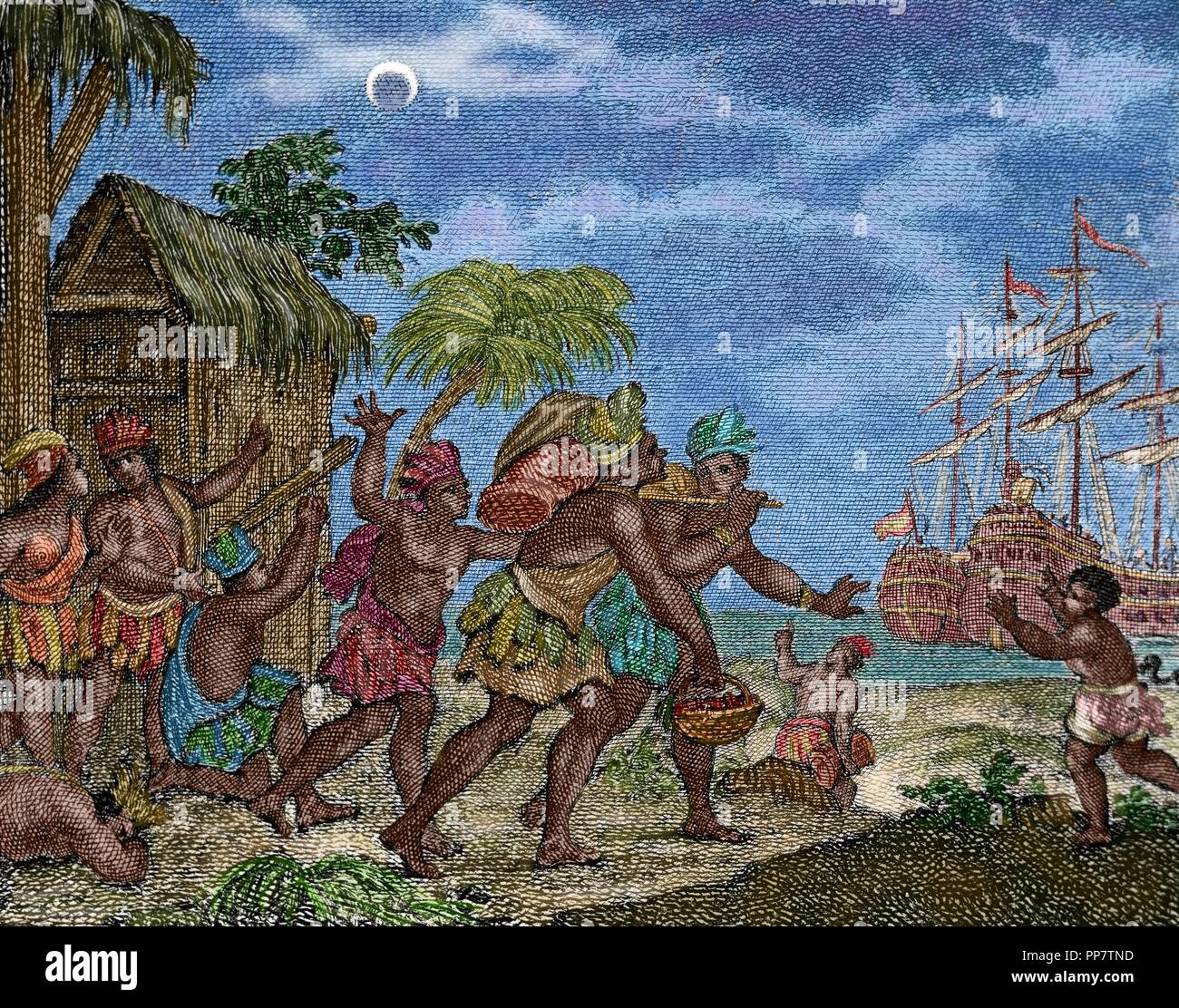 Jamaika. 15. Jahrhundert. Zweite Reise von Kolumbus. Jamaikaner verweigern Essen nach Columbus und er, wissend, dass es eine Mondfinsternis, sagt ihnen, dass Gott das Licht bestreiten wird. Wenn die Sonnenfinsternis stattfand, bieten ängstliche Eingeborenen reichliche Bestimmungen für Columbus. Die wahrhaftige Geschichte der Eroberung von Neuspanien von Bernal Diaz delCastillo. Kupferstich, 1807. Farbige. Stockfoto