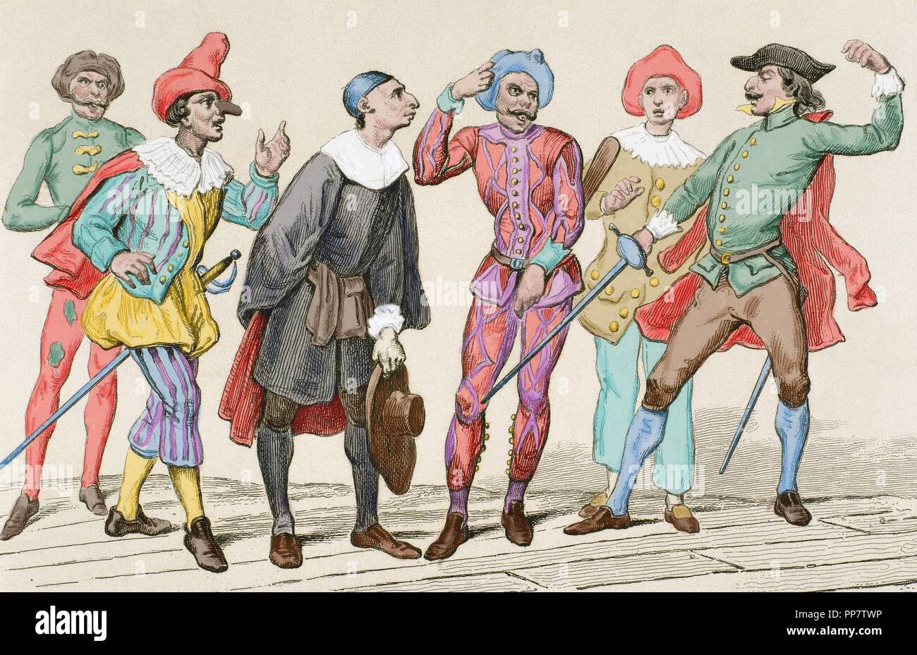 Commedia dell Italienisch. 16. Jahrhundert. Kupferstich, 19. Jahrhundert. Farbige. Stockfoto