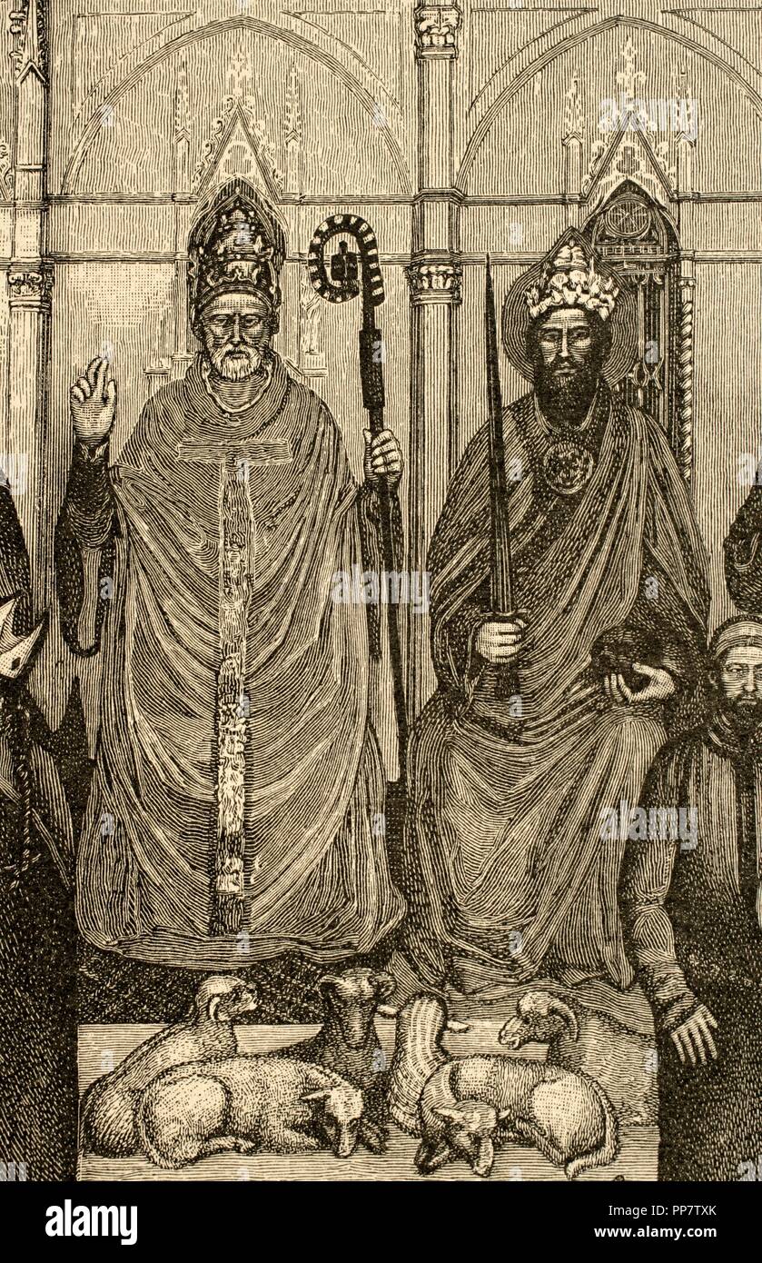 Papst Benedikt XI (1240-1304) und Kaiser Karl IV. (1316-1378). Detail der militanten und triumphierenden Kirche. Stich nach dem Fresko von Andrea Bonaiuto., 14. Jahrhundert. Spanische Kapelle. Basilica di Santa Maria Novella (Florenz, Italien). Stockfoto