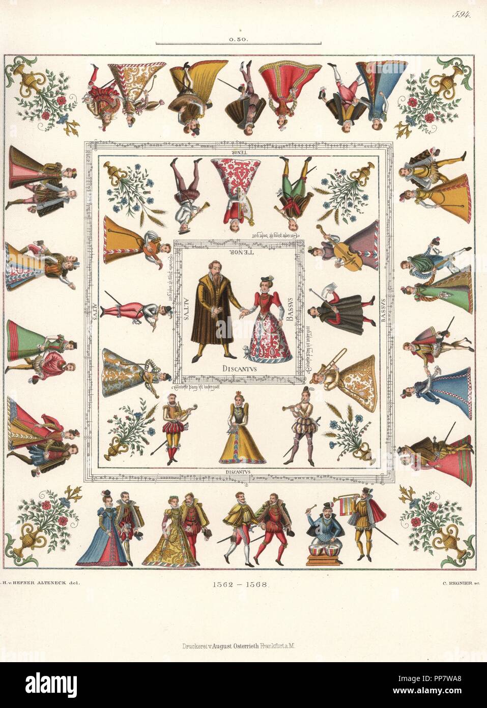 Tischdecke in weißen Leinwand mit Bildern von der Hochzeit von Graf Poppo von Henneberg und Sophia von Braunschweig eingerichtet, mit Musikern, die Notation und Höflinge tanzen. Von Hefner-Alteneck Chromolithograph's Kostüme, Kunstwerke und Geräte vom Mittelalter bis in das 17. Jahrhundert, Frankfurt, 1889. Illustration von Dr. Jakob Heinrich von Hefner-Alteneck, Lithographiert von C. Regnier. Dr. Hefner-Alteneck (1811-1903) war eine Deutsche, die die Kuratorin des Museums, Archäologe, Kunsthistoriker, Zeichner und Kupferstecher. Stockfoto