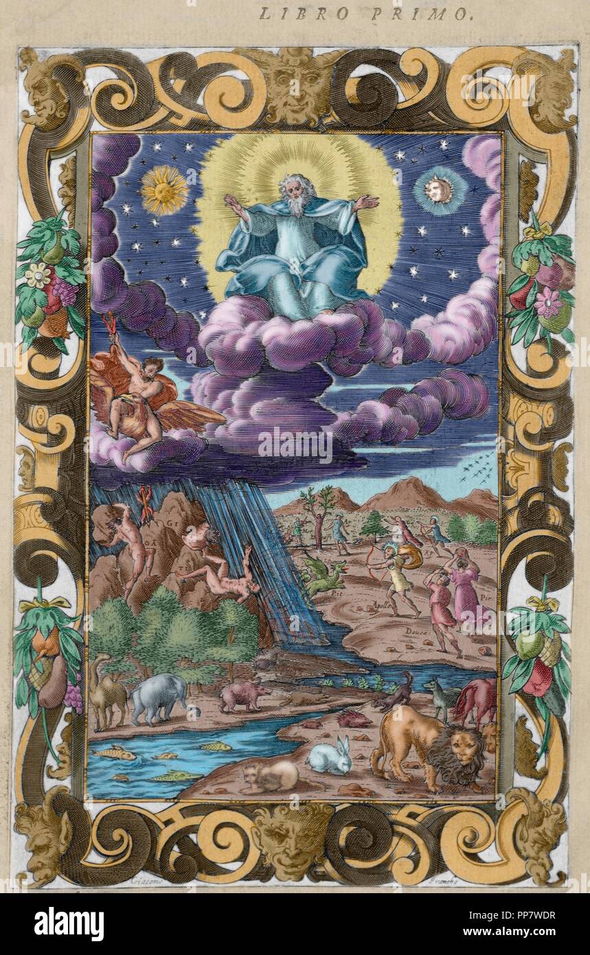 Ovid (Publius Ovidius Naso) (43 v. Chr. - 17 n. Chr.). Lateinische Dichter. 2-20:00 Metamorphosen. Buch I. Gravur Darstellung der Schöpfung, die Schlacht der Giganten, Decaulion und Pyrrha die Schlange und Apollo. Italienische Ausgabe. Venedig, 1584. Farbige. Stockfoto