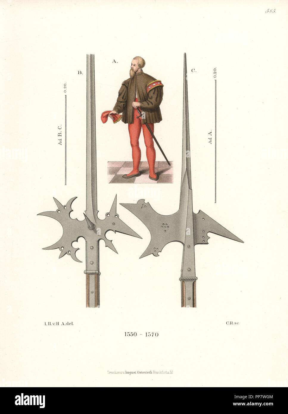 Deutsche männliche Gericht Kleid aus der Mitte des 16. Jahrhunderts, und zwei hellebarde Köpfe. Von Hefner-Alteneck Chromolithograph's Kostüme, Kunstwerke und Geräte vom Mittelalter bis in das 17. Jahrhundert, Frankfurt, 1889. Illustration von Dr. Jakob Heinrich von Hefner-Alteneck, Lithographiert von C. Regnier. Dr. Hefner-Alteneck (1811-1903) war eine Deutsche, die die Kuratorin des Museums, Archäologe, Kunsthistoriker, Zeichner und Kupferstecher. Stockfoto