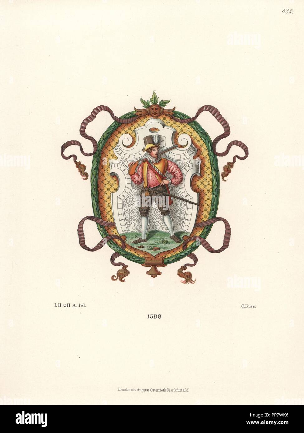 Heraldische Schild von einem gunmaster von einer Kunst Buch über die Gründung von Aschaffenburg. Von Hefner-Alteneck Chromolithograph's Kostüme, Kunstwerke und Geräte vom Mittelalter bis in das 17. Jahrhundert, Frankfurt, 1889. Illustration von Dr. Jakob Heinrich von Hefner-Alteneck, Lithographiert von C. Regnier. Dr. Hefner-Alteneck (1811-1903) war eine Deutsche, die die Kuratorin des Museums, Archäologe, Kunsthistoriker, Zeichner und Kupferstecher. Stockfoto