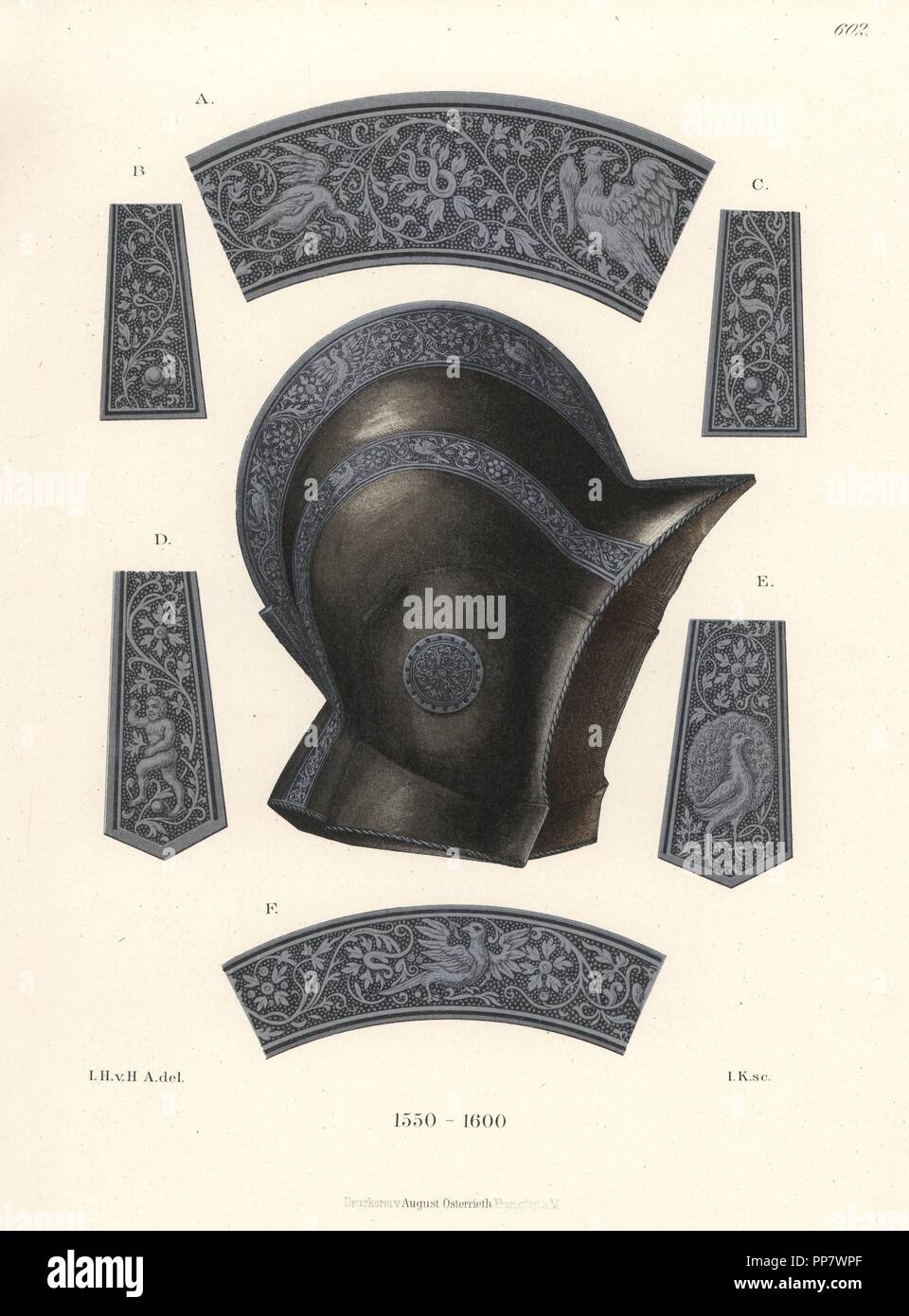 Helm rief Beckehnaube oder Babykörbchen, Ende 16. Jahrhundert, mit gravierten Dekoration. Von Hefner-Alteneck Chromolithograph's Kostüme, Kunstwerke und Geräte vom Mittelalter bis in das 17. Jahrhundert, Frankfurt, 1889. Illustration von Dr. Jakob Heinrich von Hefner-Alteneck, Lithographiert von Johann Klipphahn. Dr. Hefner-Alteneck (1811-1903) war eine Deutsche, die die Kuratorin des Museums, Archäologe, Kunsthistoriker, Zeichner und Kupferstecher. Stockfoto