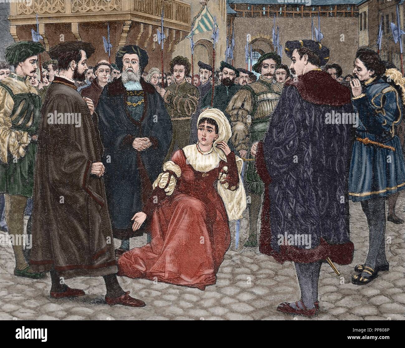 Anne Boleyn (1507-1536), Königin von England (1533-1536) als die zweite Frau von Heinrich VIII., führte zum Galgen durch Enthauptung, nachdem er von ihrem Ehemann von Verrat und Untreue beschuldigt ausgeführt werden. Gravur. des 19. Jahrhunderts. Farbige. Stockfoto