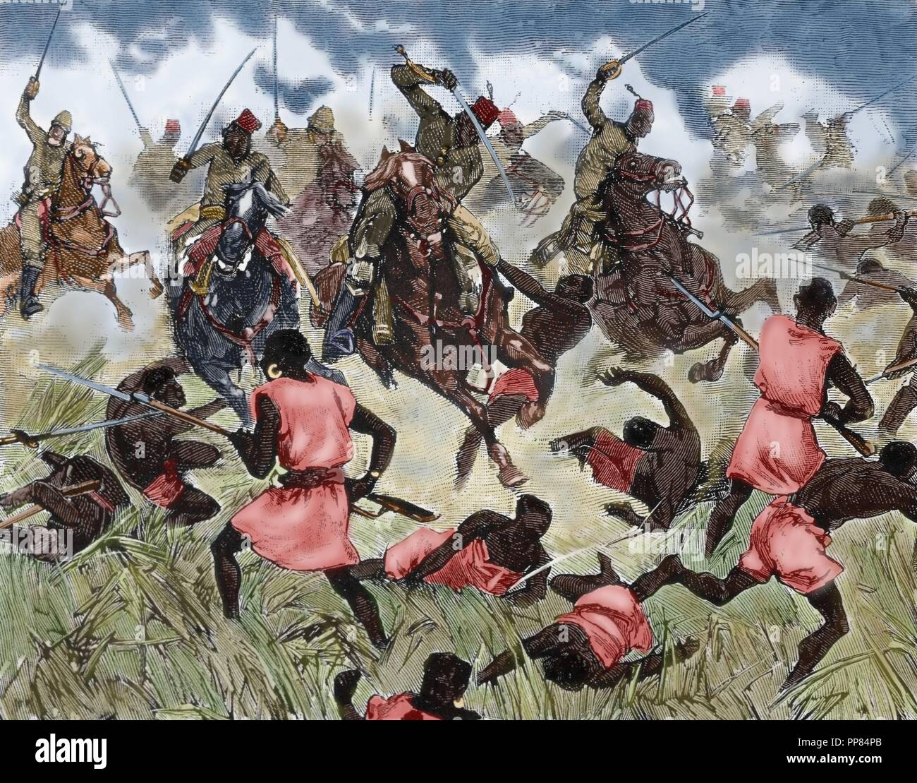 Französischen Kolonialismus. Oberen Niger. Bambara Angriff die französischen Mission in der Stadt Dio, 1881. Gravur in Les Grands Dossiers de l ' Illustration. Farbige. Stockfoto