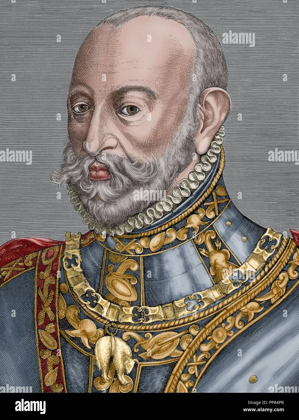 Lamoral, Graf von Egmont, Prinz von Gavere (1522 – 1568). General und Staatsmann in den habsburgischen Niederlanden. Porträt. Gravur. Farbige. Stockfoto