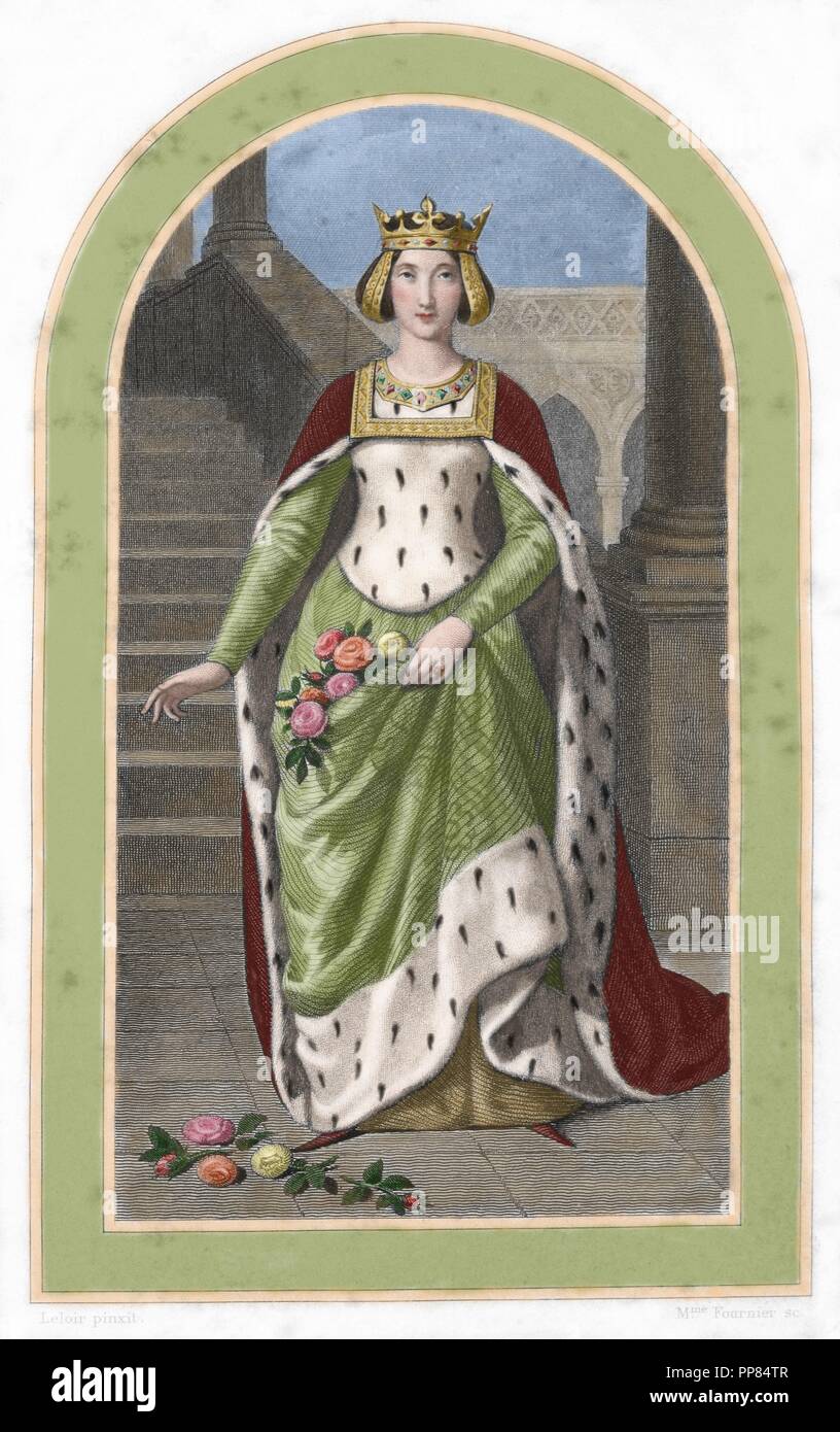 Heilige Elisabeth von Portugal (1271-1336). Königin-Gemahl von Portugal. Farbige Gravur. des 19. Jahrhunderts. Stockfoto