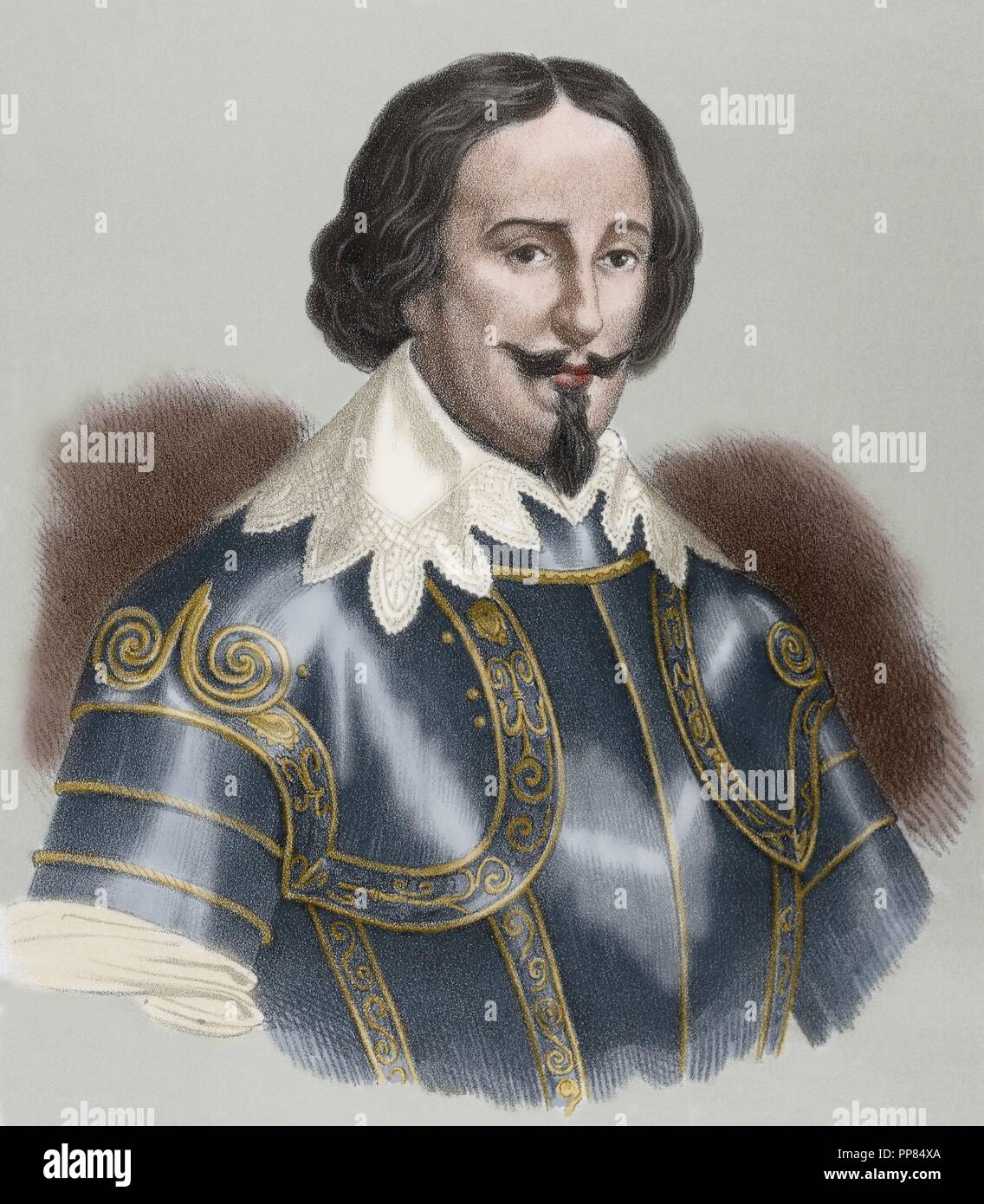 Maurice von Nassau (1567-1625). Prinz von Oranien von 1618 und stadthalter der Vereinigten Provinzen der Niederlande (außer in der Provinz Friesland) von Anfang 1585 bis zu seinem Tod im Jahre 1625. Portrait in "Historia de Espan_a'. Gravur, 19. Gefärbt. Stockfoto