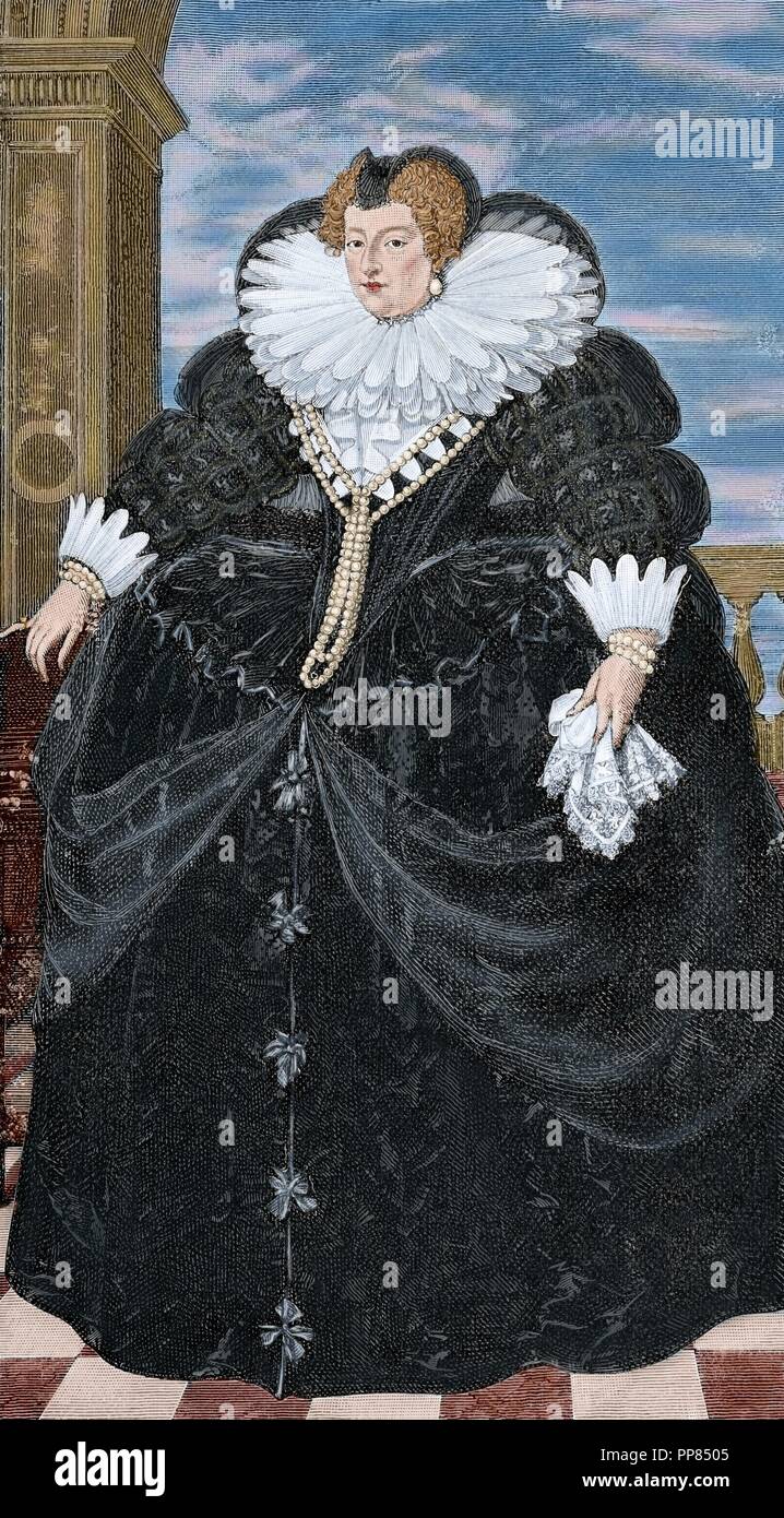 Marie de' Medici (1575-1642). Königin von Frankreich als die zweite Frau von König Henry IV von Frankreich, der das Haus Bourbon. Porträt. Engaving aus einem Gemälde von F. Porbus "Historia Universal", 1885. Farbige. Stockfoto
