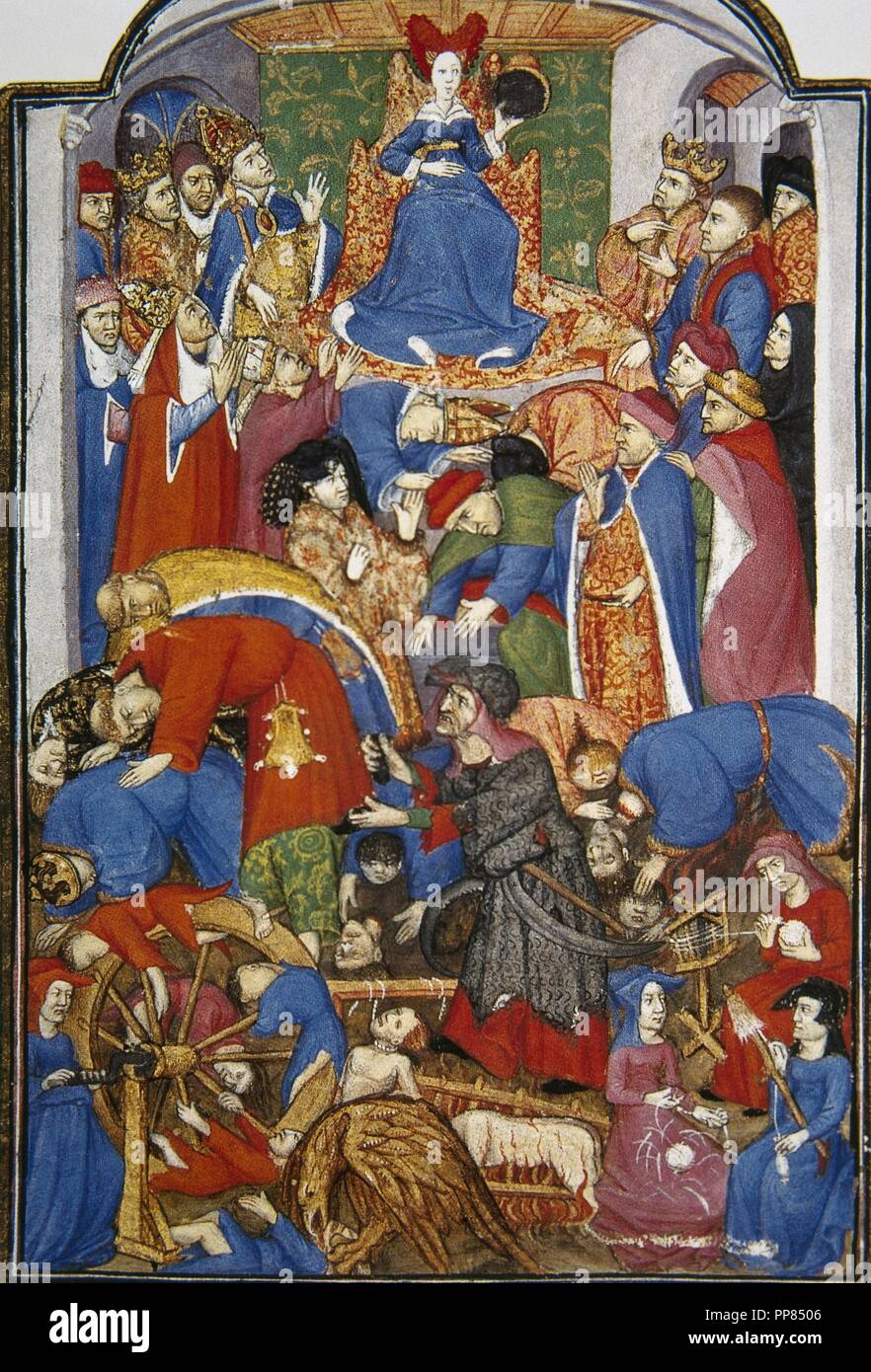 Glücksrad oder Rota Fortuane. Konzept in der mittelalterlichen und Anceint Philosophie in Bezug auf die kapriziöse Wesen des Schicksals. Miniatur, 15. Jahrhundert. Frankreich. Stockfoto