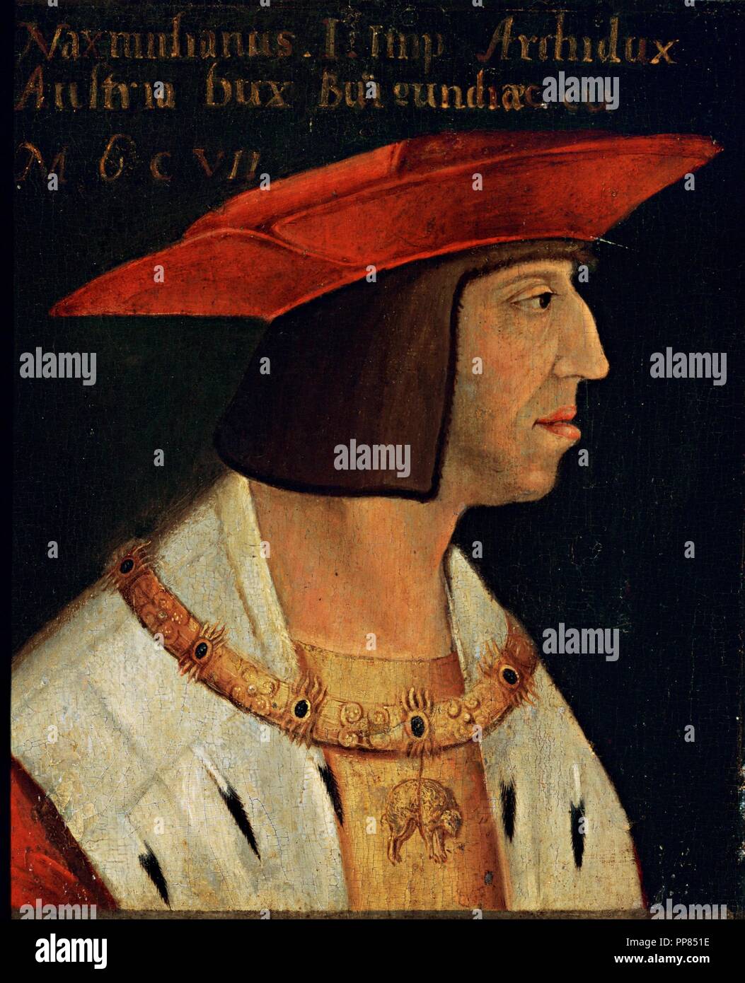 Bernhard Strigel/"Kaiser Maximilian I. und seine Familie" (Detail), c, 1515-1520. Museum: MUSEO DE SANTA CRUZ. Stockfoto