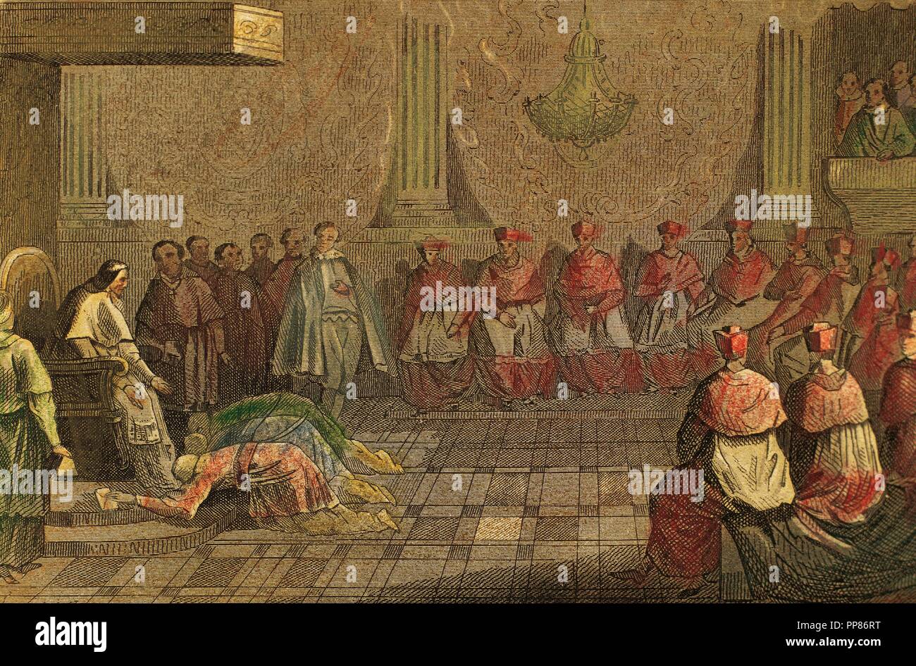 Gregor XIII (1501-1585). Italienische Papst (1572-1585), geboren als Ugo Buoncompagni. Japanischer Botschafter vor Papst Gregor XIII im Jahre 1585. Er empfing sie in Dankbarkeit an die Missionare gesendet. Farbige Gravur, 1850. Stockfoto