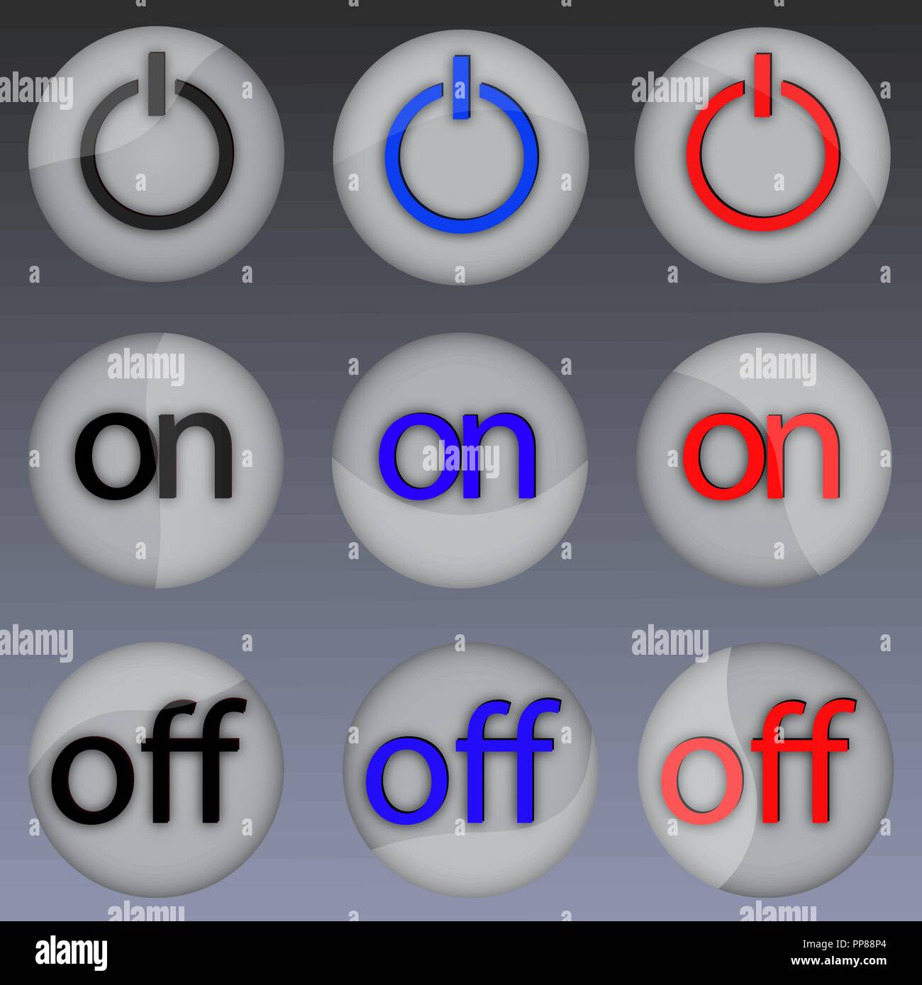 Vector Illustration des Power Buttons in verschiedenen Modi und Highlights. Stock Vektor