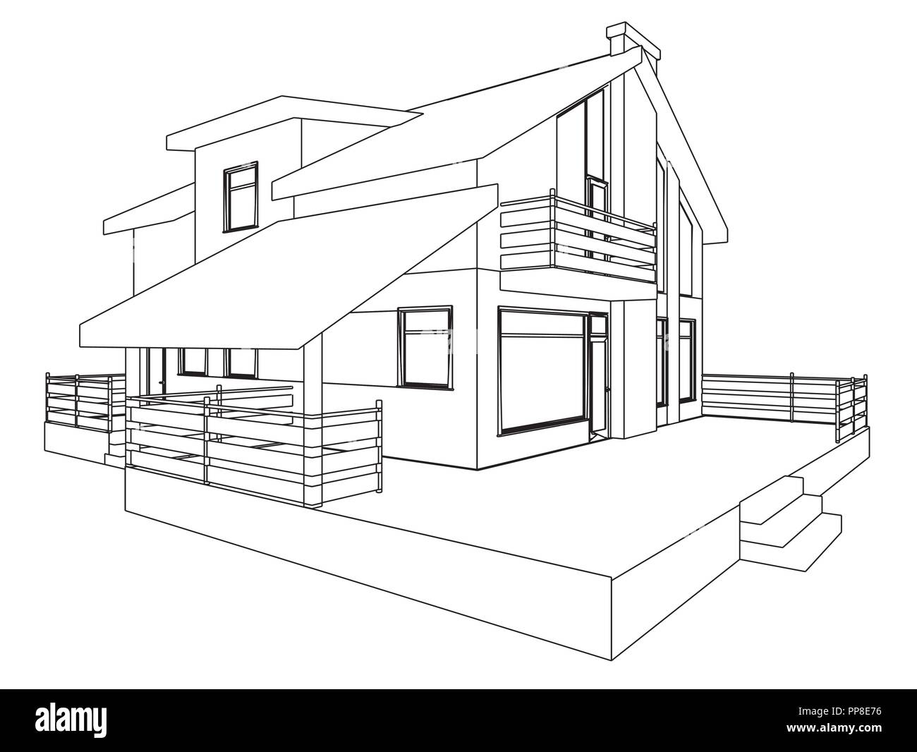 Ferienhaus Perspektive. Die Zeichnung des Gebäudes. 3D. Umrisse. EPS8. Stock Vektor