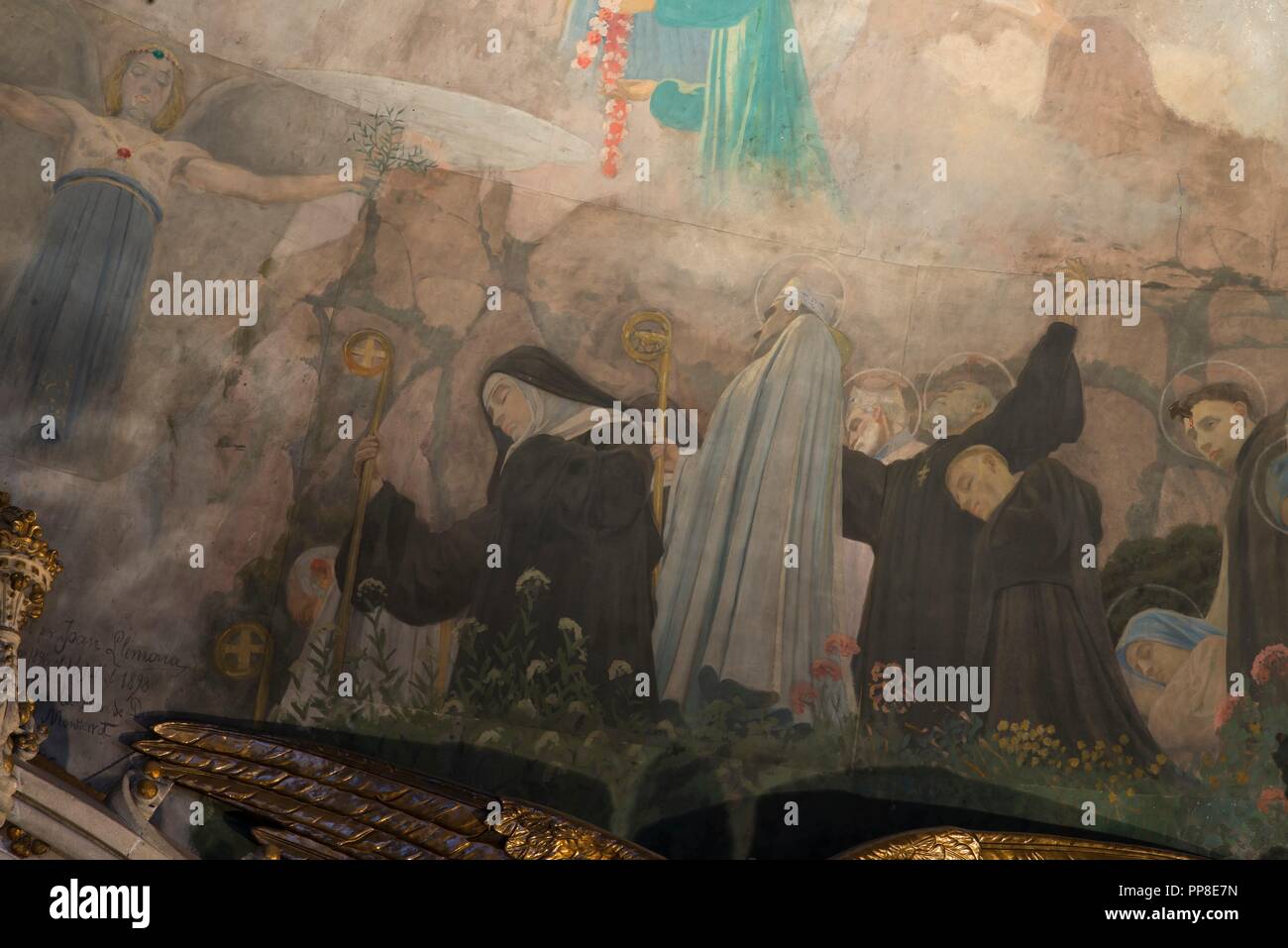 Las mejores del Apoteosis de la Virgen, 1896-1898. Pintura mural de La Cúpula del Cambrils de la Virgen. Monasterio de Montserrat. Cataluña. Autor: LLIMONA, Joan. Stockfoto