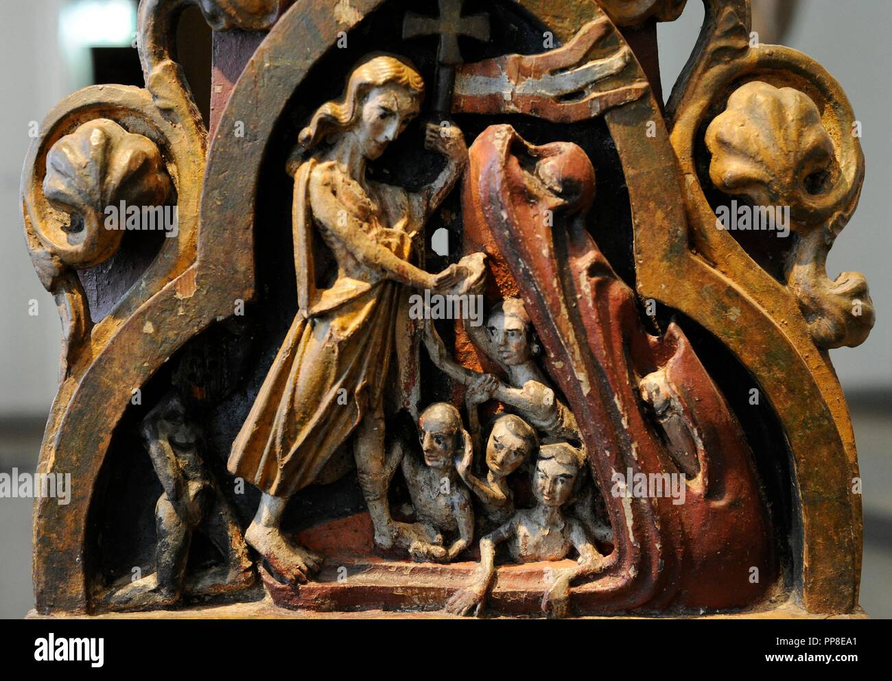 Kreuz aus Holz. Borre Kirche, Vestfold, C. 1275-1300. Detail der te Base. Christus in der Vorhölle. Historisches Museum. Oslo. Norwegen. Stockfoto