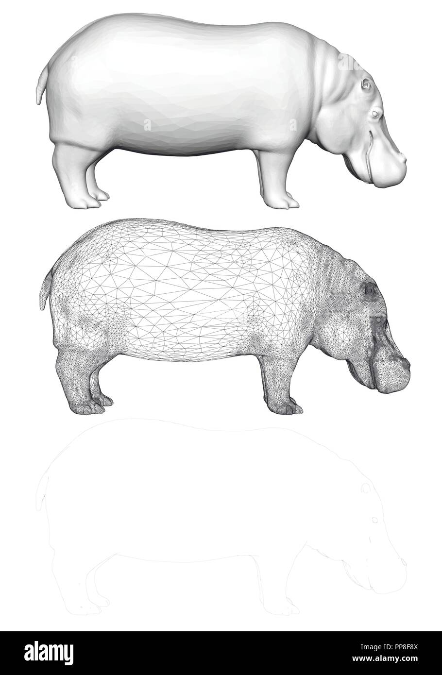 Vector Illustration eines Satz von drei Nilpferd, poligonalgy 3D, Mesh und Kontur. Stock Vektor