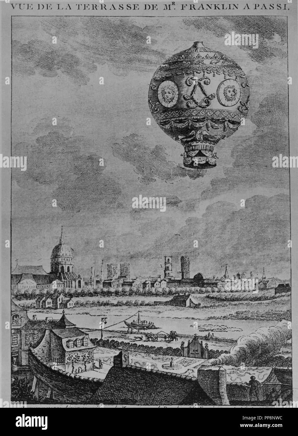 Aerostatische BALLON ERFUNDEN VON DEN BRÜDERN MONTGOLFIER - der erste Aufstieg in 1782. Autor: JOSE Y ETIENNE MONTGOLFIER. Stockfoto