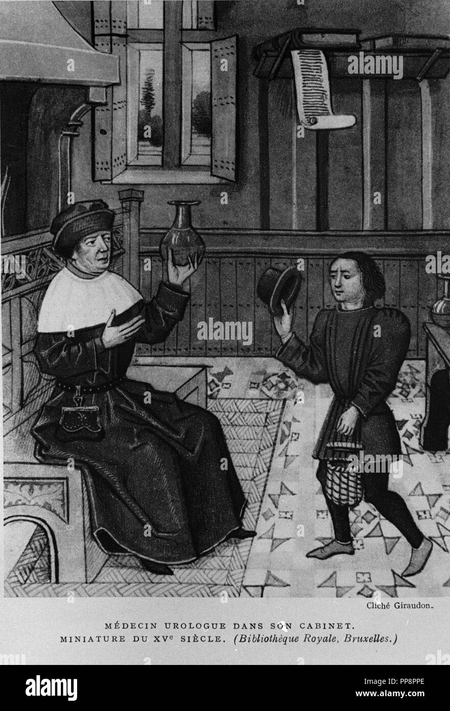 Urologe IN SEINEM BÜRO - Gravieren, aus dem 15. Jahrhundert. Lage: Biblioteca Nacional - coleccion. MADRID. Spanien. Stockfoto