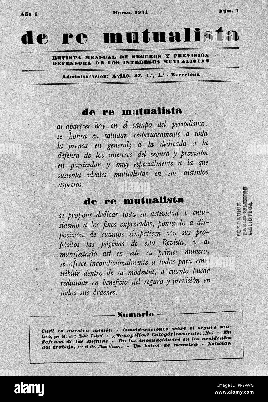 DE RE MUTUALISTA, monatliche Zeitschrift für Versicherungs- UND PROGNOSE FÜR DIE VERTEIDIGUNG DER INTERESSEN DER MUTUALIST, März 1931. Lage: Fundación Pablo Iglesias. MADRID. Spanien. Stockfoto