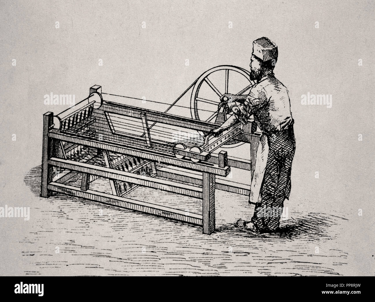 Gravur der SPINNMASCHINE, BEKANNT ALS SPINNING JENNY - 1764. Autor: HARGRAVES, James. Stockfoto