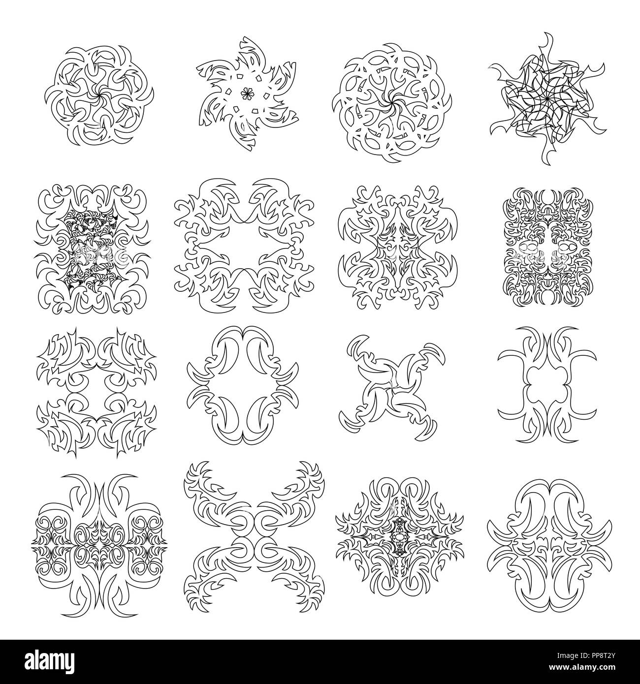 Set mit dekorativen Mustern und Ornamenten. Ornamente in verschiedenen Formen. Schwarze und weiße ornamnts von Linien. Vector Illustration. Stock Vektor