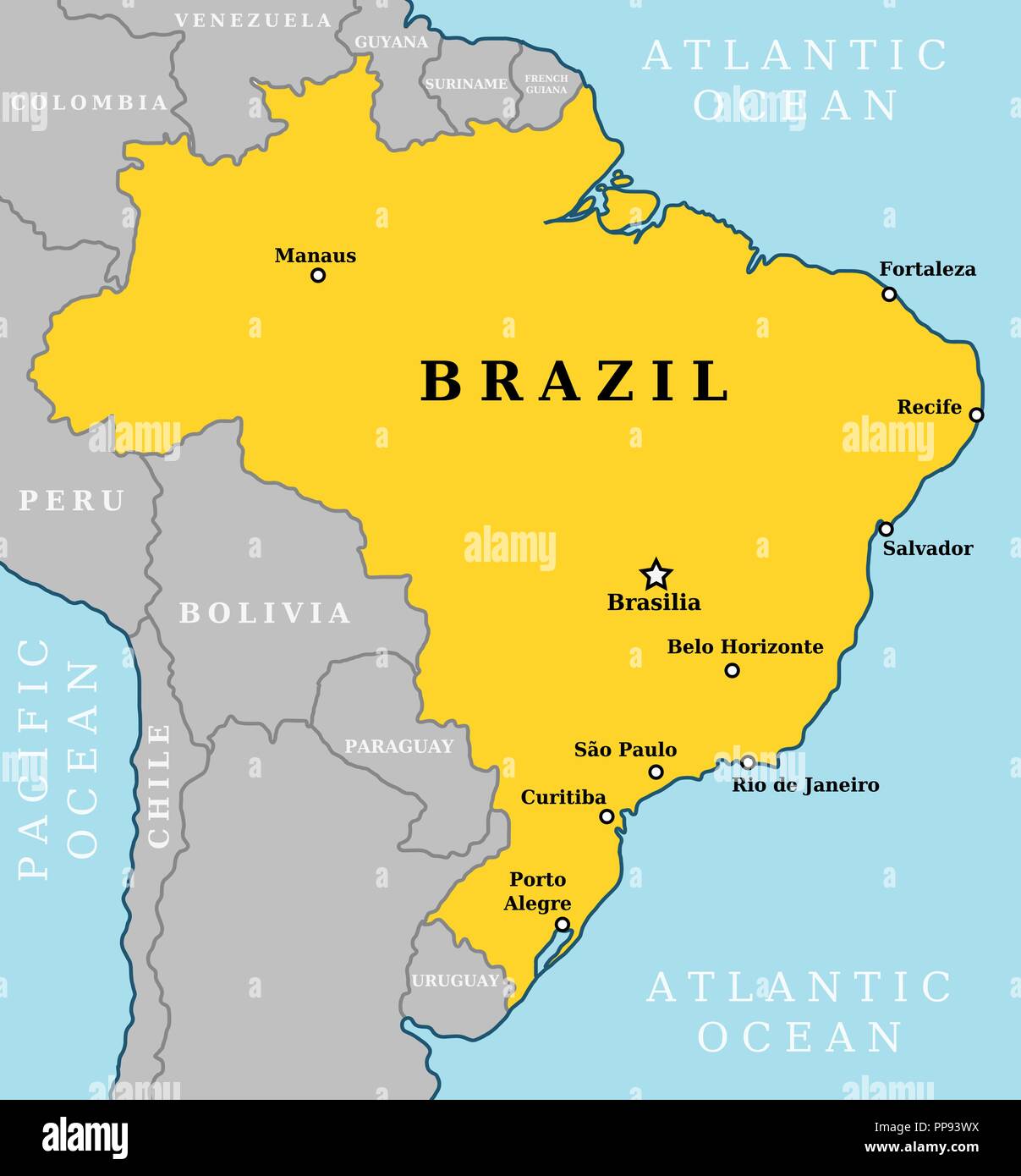 Karte von Brasilien. Land Umriss mit 10 der größten Städte einschließlich Brasilia, Hauptstadt. Stock Vektor