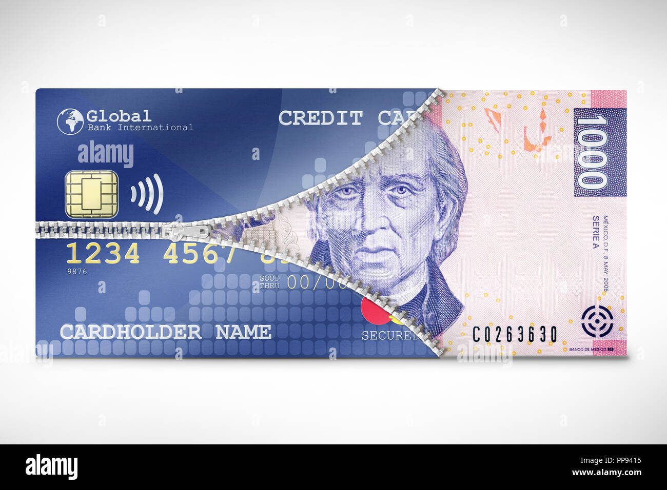 Eine Kreditkarte Reißverschluss öffnen Sie einen Fiat money Bill symbolisiert Business Konzepte zu lösen. Stockfoto