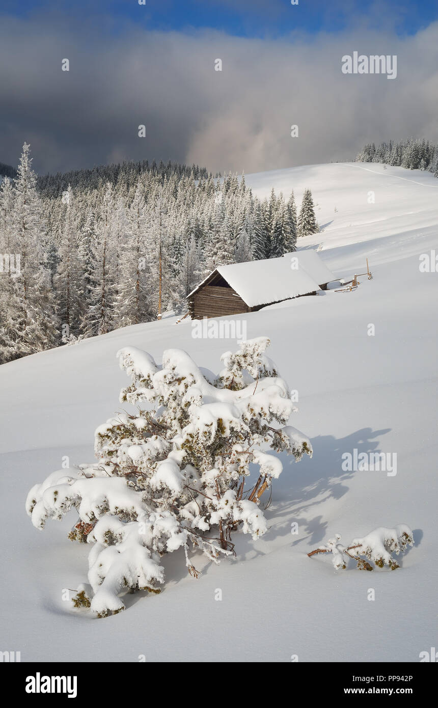 Ferienhaus aus Holz im Schnee. Winterlandschaft in den Bergen Stockfoto
