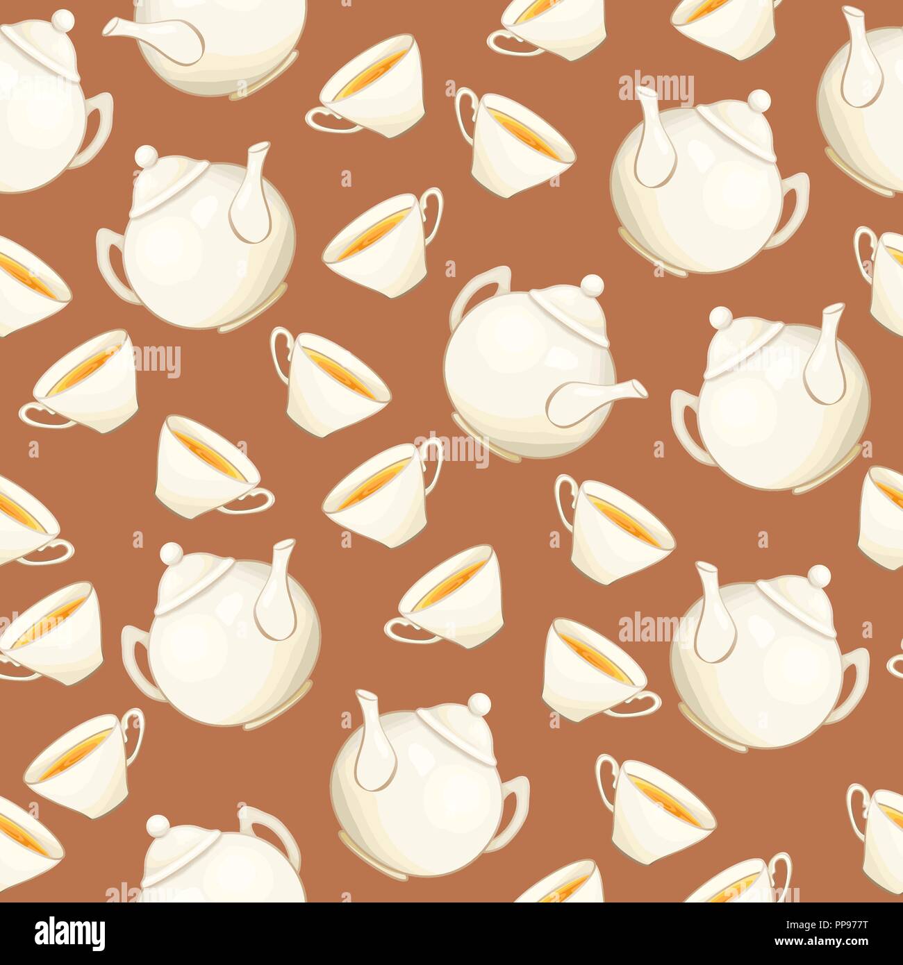 Tee oder Kaffee nahtlose Muster mit Porzellan Teekanne und Tasse Tee im flachen Stil. Bereit auf Stoff Textil, Tischdecke oder Papier Geschenkpapier und Scrapbooking zu drucken. Stock Vektor