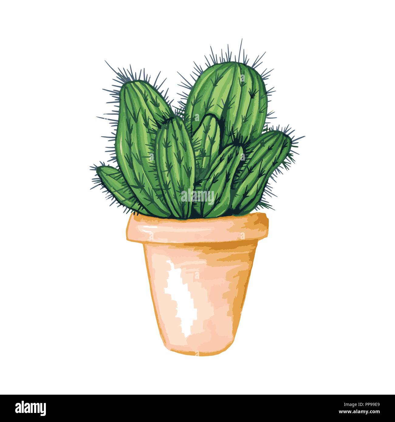 Mexikanischer Kaktus mit Stacheln oder Dornen und Blüten im Tontopf als isolierte Clipart für Cinco De Mayo Urlaub oder Feier. Genießbare Esculent wie Saguaro Kakteen, indische Abb. oder Mammillaria. Latin theme Stock Vektor