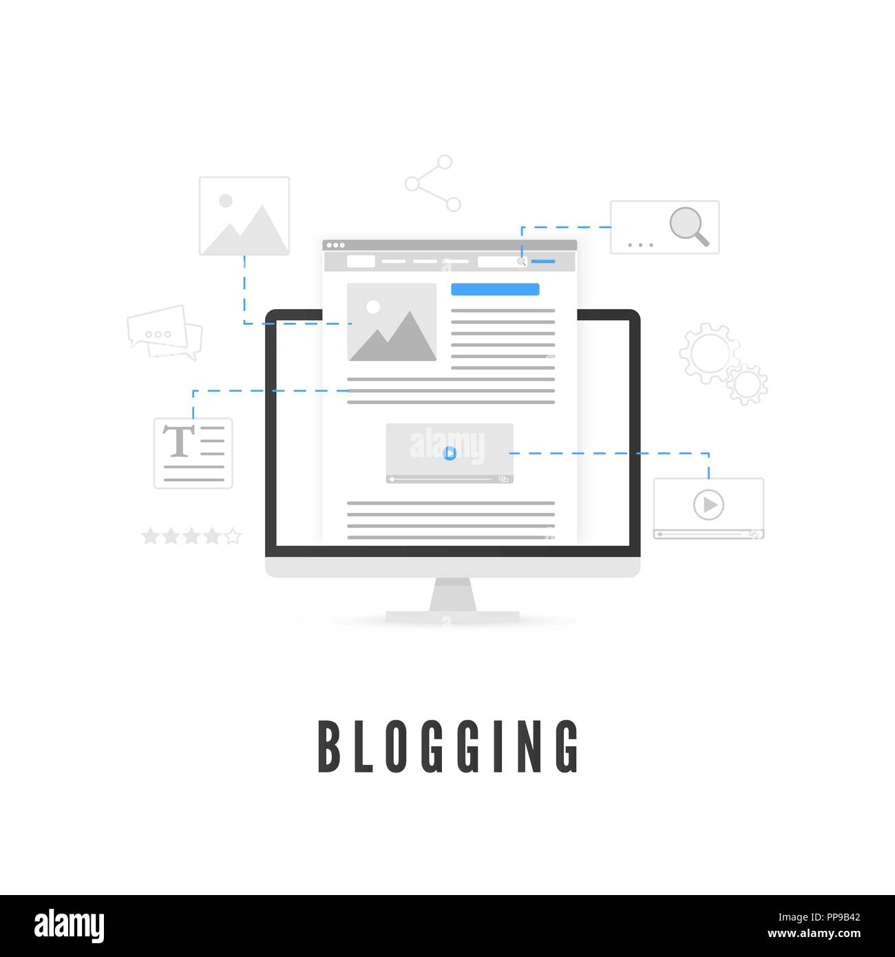 Blogging oder der Produktion von Inhalten. Web site Entwicklung am PC-Bildschirm aus verschiedenen Elementen. Vector Illustration Stock Vektor