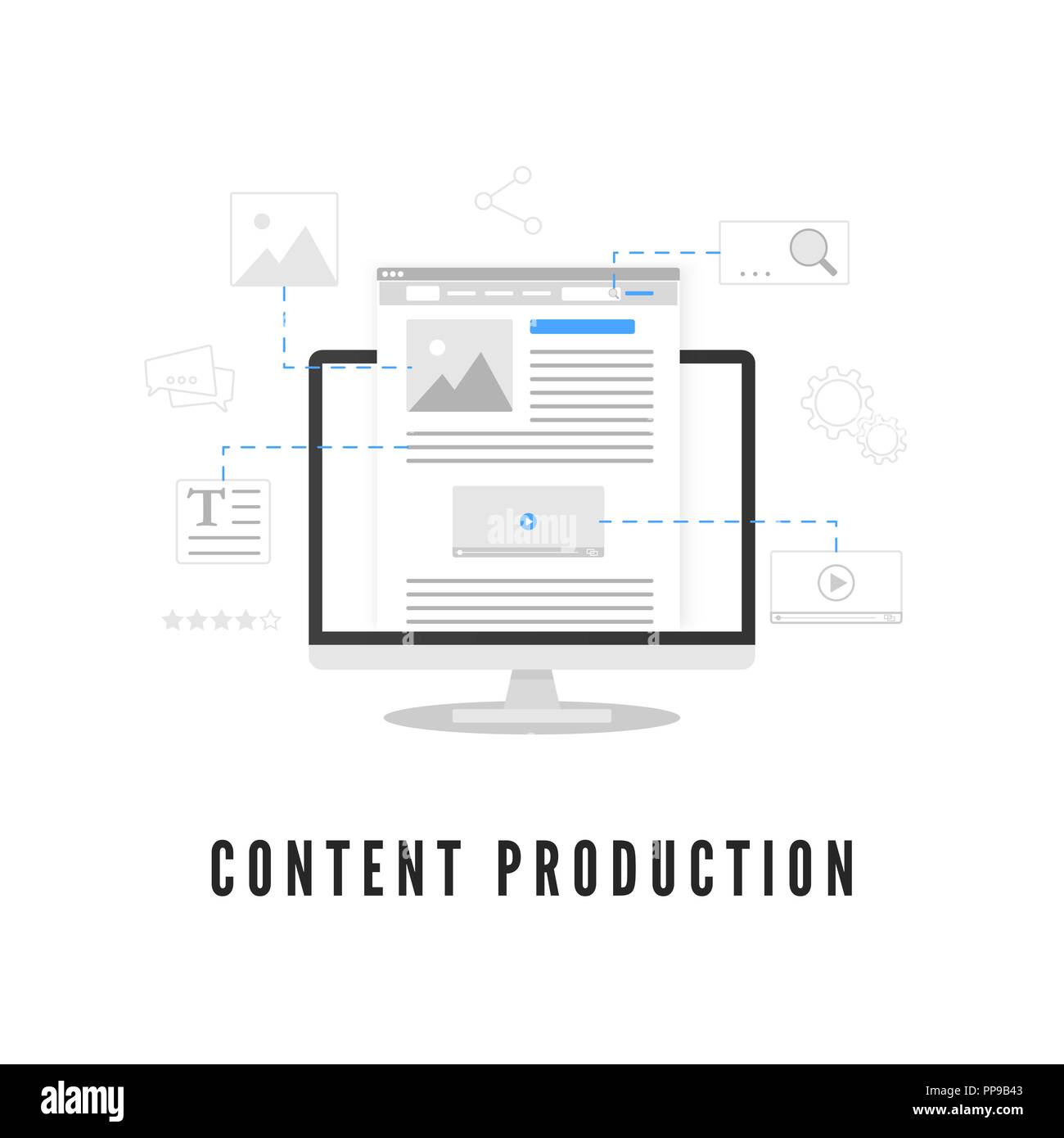 Die Produktion von Inhalten. Blogging oder Nachrichten erstellen. Web site Entwicklung am PC-Bildschirm aus verschiedenen Elementen. Vector Illustration Stock Vektor
