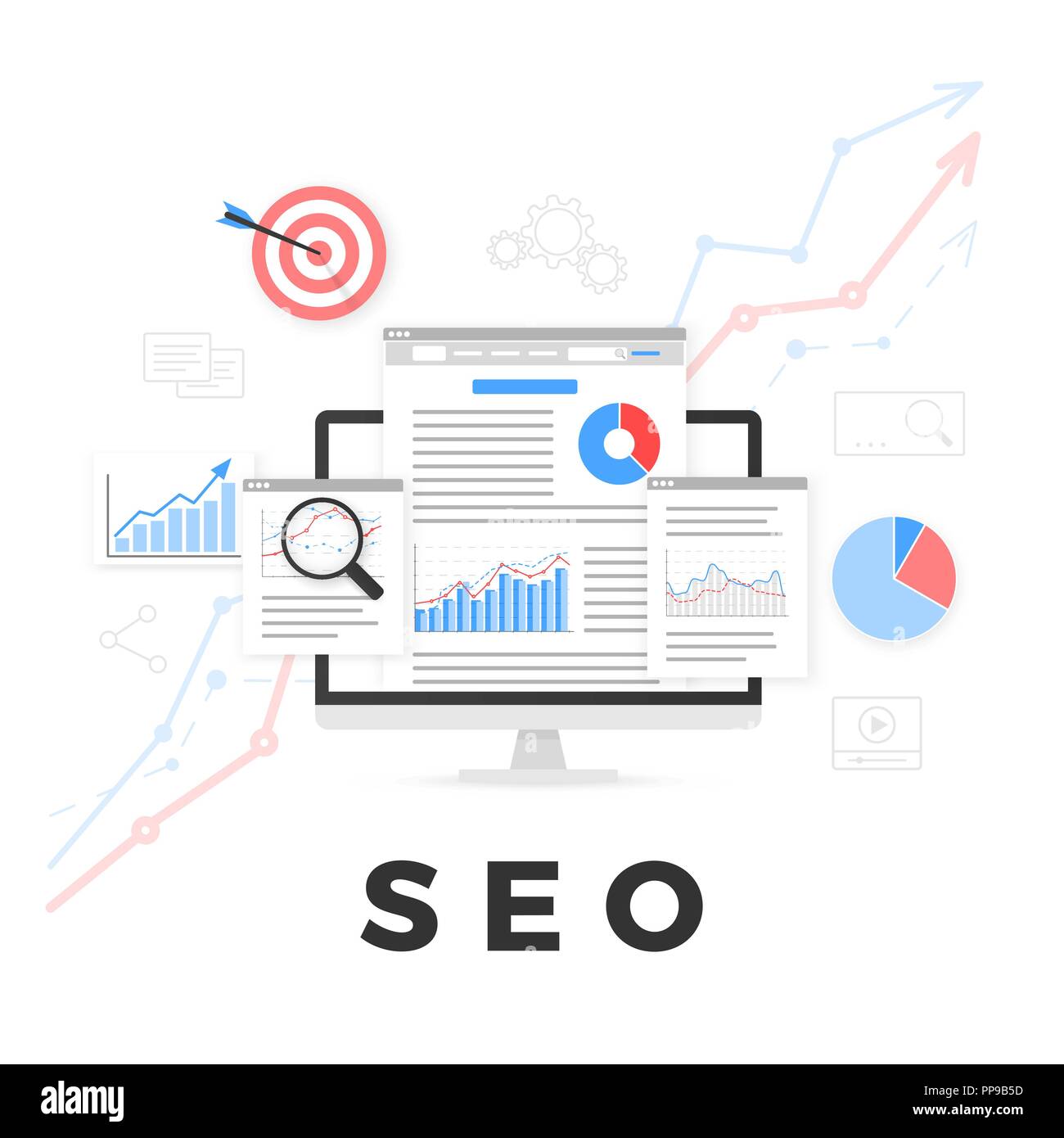 SEO Optimierung Konzept. Search Engine Optimization. SEO Marketing. Web analytics Design. Vector Illustration auf weißem Hintergrund Stock Vektor