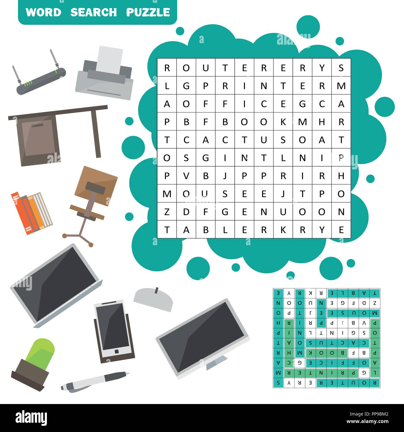 Vektor farblos Kreuzworträtsel, Bildung Spiel für Kinder über Set Büro los  Stock-Vektorgrafik - Alamy