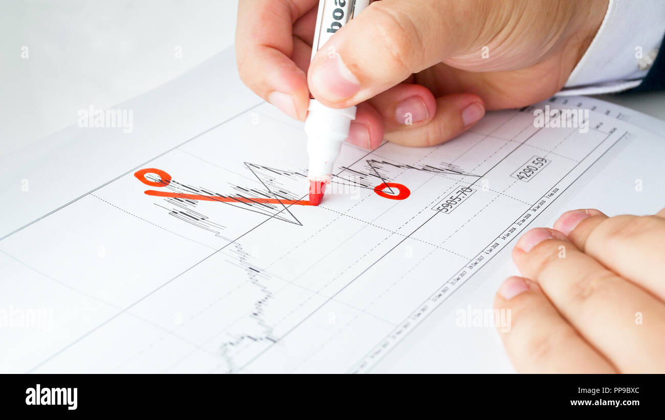 Closeup Bild der Geschäftsmann Zeichnen von Punkten und Linien auf den Graphen der Finanztätigkeit Stockfoto