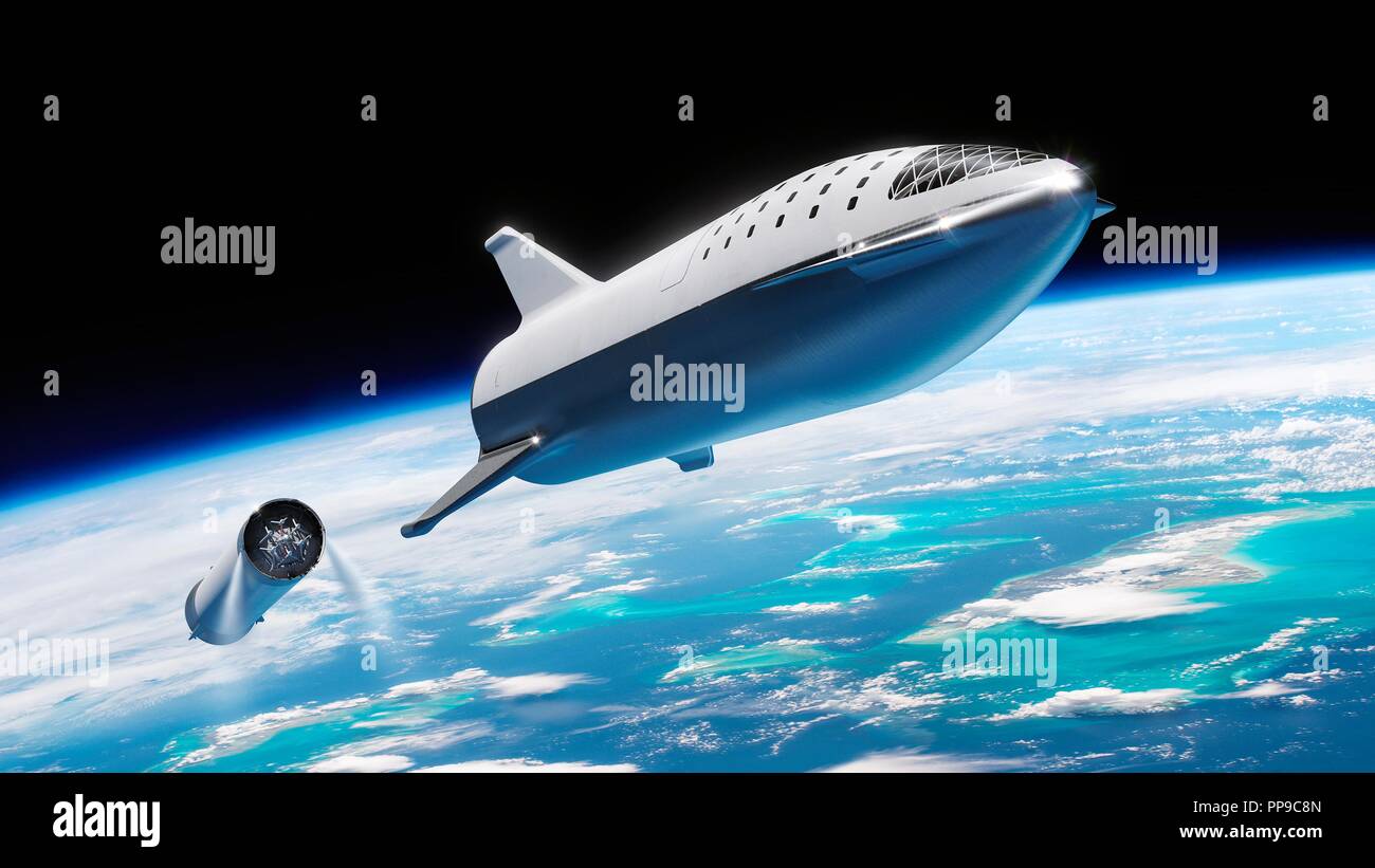 Künstler Rendering der SpaceX BFR oder große Falcon Rocket off angezeigt Sandstrahlen von der Erde. Die privat finanzierte der nächsten Generation vollständig wiederverwendbaren Trägerraketen und Raumfahrzeugen system ist in der Entwicklung von SpaceX. Stockfoto