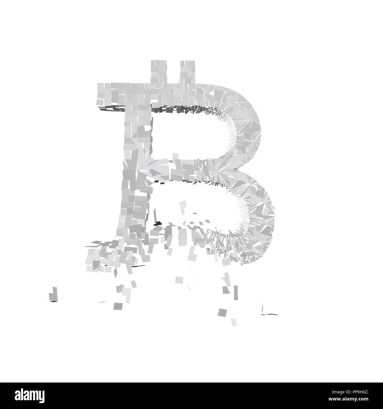 Bitcoin zerfällt in kleine Stücke. Die Explosion der bitcoin. 3D. Der Fall der Bitcoin. Vector Illustration. Stock Vektor