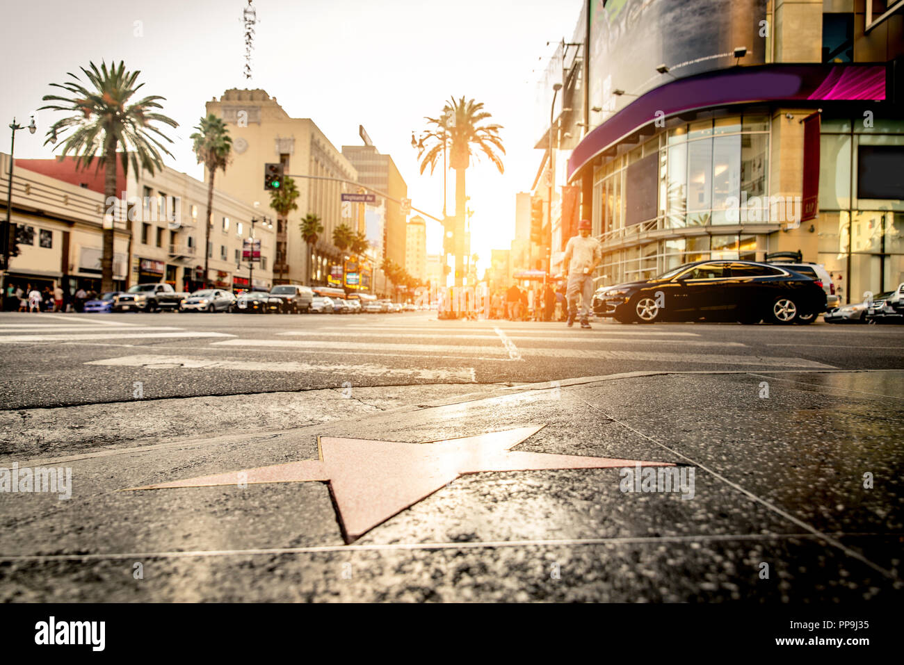 Walk of Fame bei Sonnenuntergang auf dem Hollywood Boulevard Stockfoto
