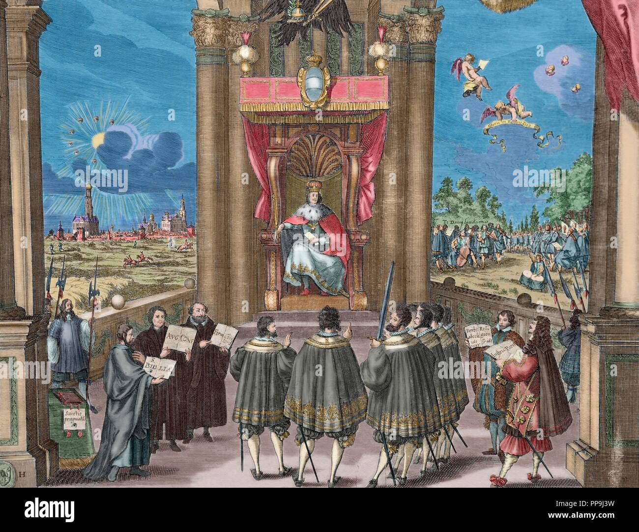 Frieden von Augsburg (25 September 1555). Von Charles V und die Kräfte des Schmalkaldischen, unterzeichnet während die Augsburger. Deutsche Bibel, 17. Jahrhundert. Farbige Gravur. Stockfoto