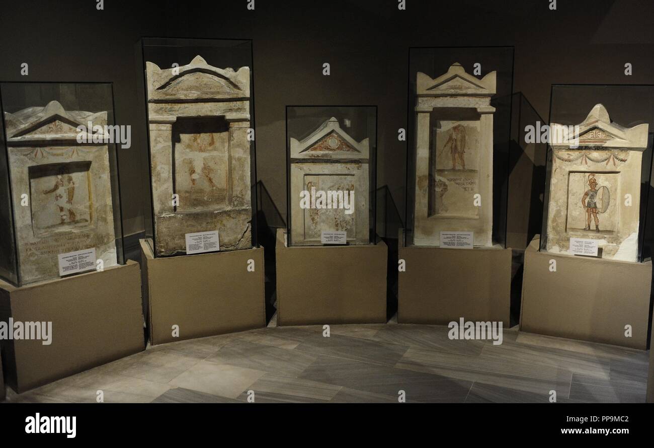 Griechischen Stelen mit Spuren von Polychromie. Von Sidon (Libanon). Archäologisches Museum. Istanbul. Turkei. Stockfoto