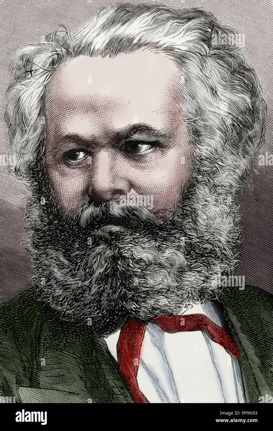 Karl Marx (1818-1883). Deutsche Philosoph, Volkswirt und kommunistischen. Porträt. Kupferstich von capuz. La Ilustracion Espanola y Americana, 1872. Gefärbt. Stockfoto
