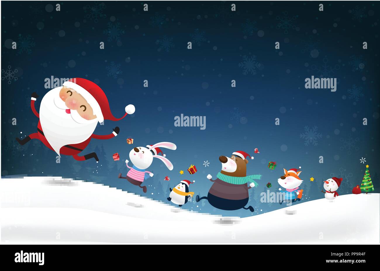 Schneemann Santa Claus und tierischen cartoon Lächeln und Springen mit Glück über fallenden Schnee im winter nacht Hintergrund Vector Illustration Stock Vektor