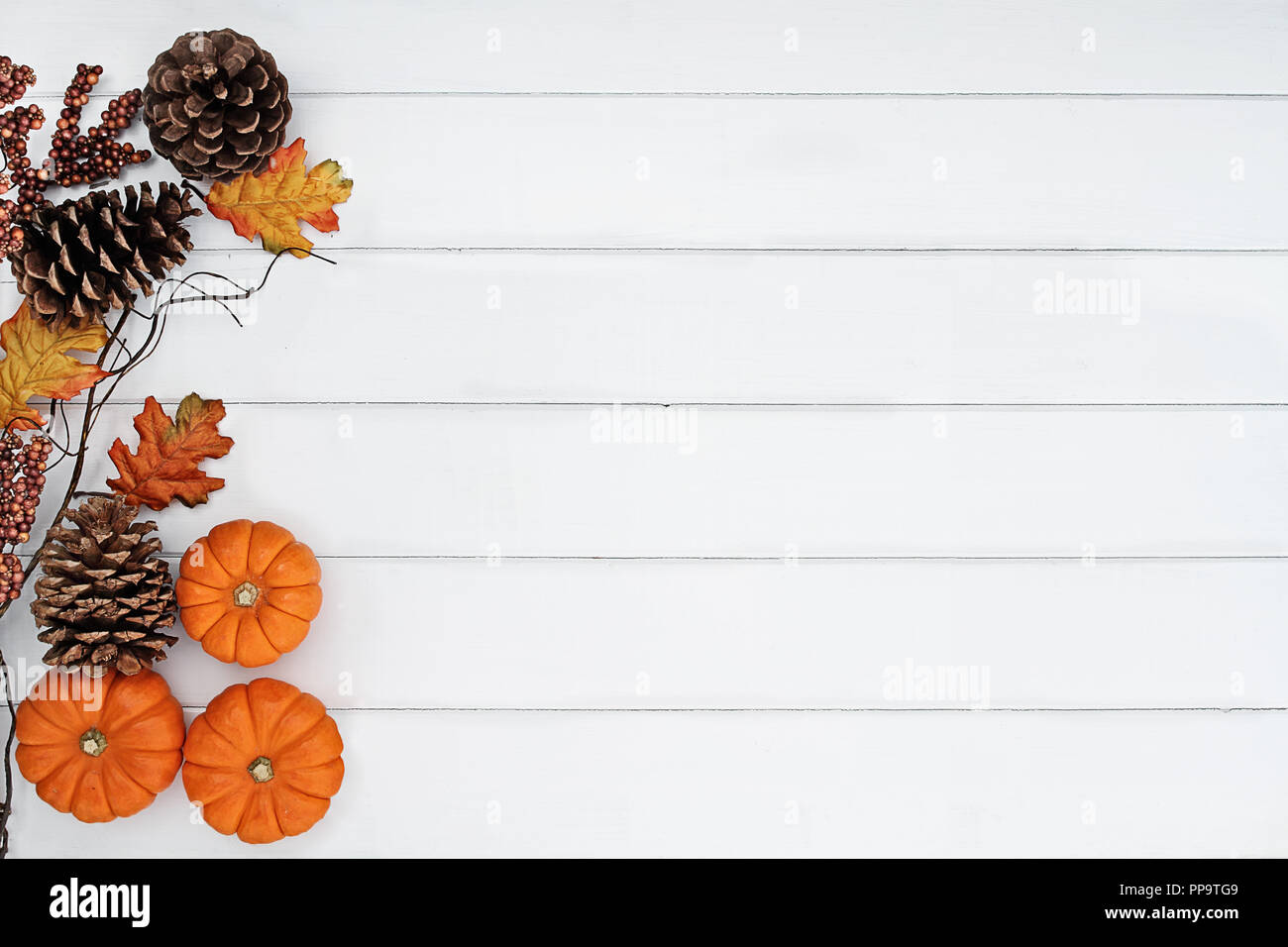 Rustikale Fallen der Blätter im Herbst, Tannenzapfen und mini Kürbisse mit kostenlosen Platz für Text über einem weißen Hintergrund im Landhausstil. Stockfoto