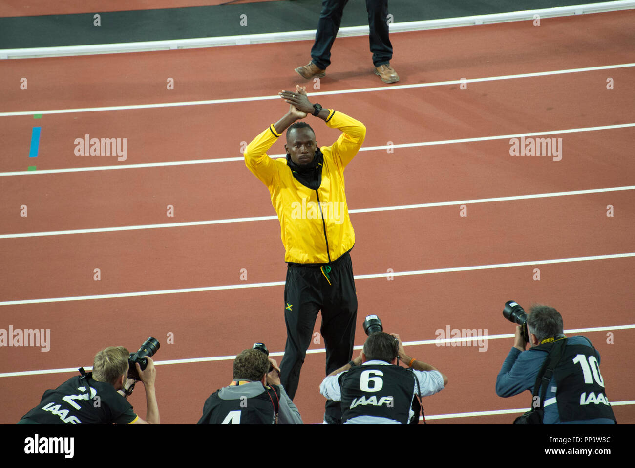 Usain Bolt verabschiedete sich bei der IAAF-Weltmeisterschaft London 2017 Stockfoto