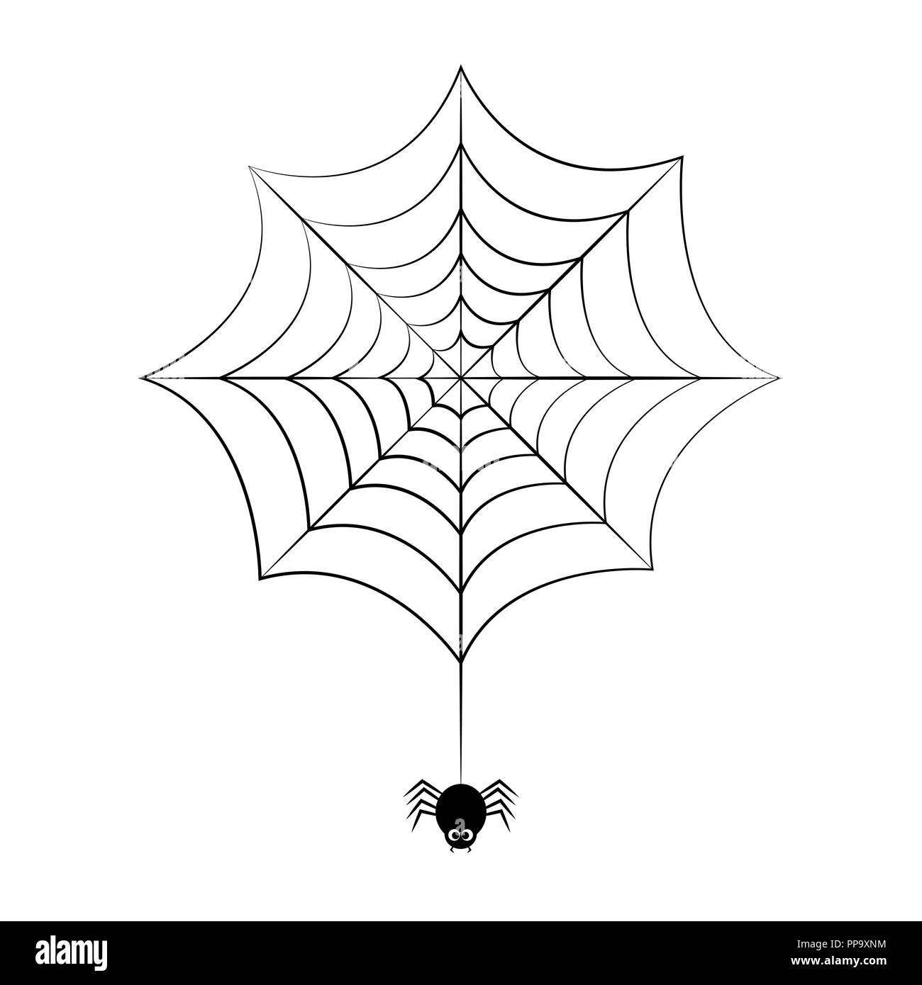 Kleine schwarze Spinne hängt an cobweb Vektor-illustration EPS 10. Stock Vektor