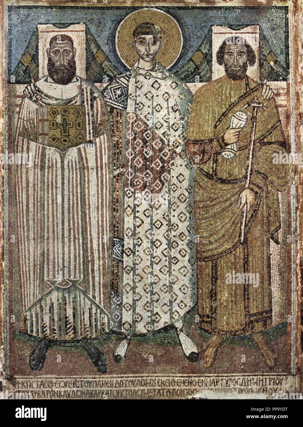 Saint Demetrius von Thessaloniki mit den Gebern. Museum: Hagios Demetrios, Thessaloniki. Autor: Meister des Hagios Demetrios. Stockfoto