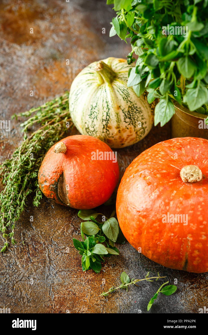 Herbst geernteten Gemüse und Kräuter - Kürbis, Basilikum, Thymian Stockfoto